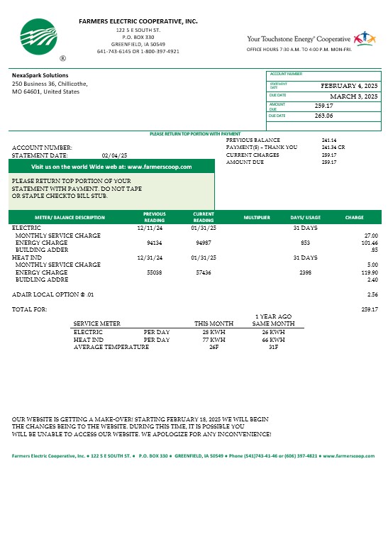 USA Ohio Farmers Electric Cooperative business utility bill template in Word and PDF formats, version 2